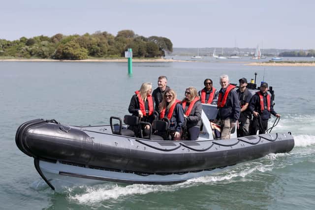 Conservative leader Kemi Badenoch, shadow defence secretary James Cartlidge, Gosport MP Damen Caroline Dinenage, and former Portsmouth North MP Penny Mordaunt with UK Docks representatives on a PAC 24 sea boat.