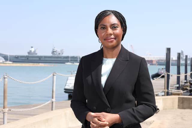 Conservative leader Kemi Badenoch at Victoria Quay, Gosport, amid a hotly contested local election race. She described Reform as "unserious".