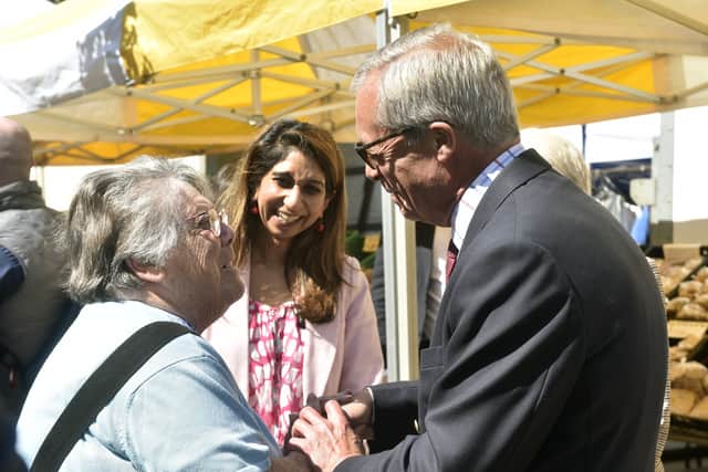 Reform UK's local election campaign - Nigel Farage and Suella Braverman were campaigning in Waterlooville Precinct on Friday, May 1, 2026. 

Pictured is: Suella Braverman and Nigel Farage 

Picture: Sarah Standing (010526-816)