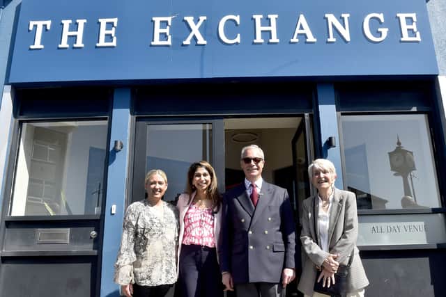 Reform UK's local election campaign - Nigel Farage and Suella Braverman were campaigning in Waterlooville Precinct on Friday, May 1, 2026. 

Pictured is: (l-r) Co-owner of The Exchange Steph Thomas, Suella Braverman, Nigel Farage and Gwen Robinson, Reform UK candidate for Havant.

Picture: Sarah Standing (010526-816)