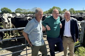 Liberal Democrats leader Sir Ed Davey (centre) with dairy farmer Peter Caines (left) and Liberal Democrat Parliamentary Candidate for East Hampshire, Dominic Martin, during a visit to Stanbridge dairy farm near Petersfield, Hampshire, whilst on the campaign trail for the upcoming local elections. 
Photo credit should read: Nick Warren/PA Wire