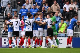 Players from both Pompey and Birmingham square up to each other during Saturday's game at Fratton Park
