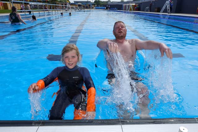 Hilsea Lido opening day on Saturday, May 2, 2026. 

Pictured: Thomas Allen and his son, Robin, 10

Picture: Chris Moorhouse (020526-36)