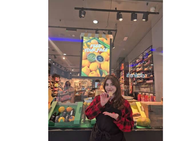 Andreea Marin, trainee manager at Lush in Cascades, with the Hayl shimmering massage bar she helped create.