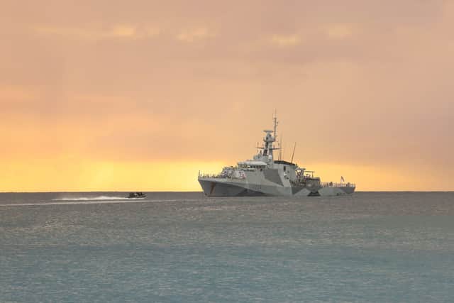 HMS Trent anchored off Montserrat in 2025.
