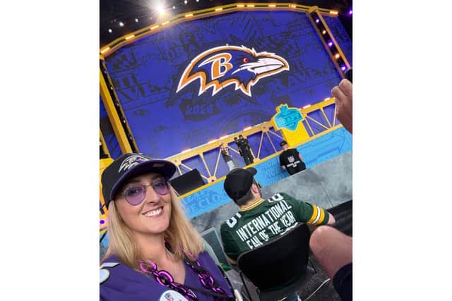 Jamie Pembroke from Portsmouth at the NFL Draft 2026 representing the Baltimore Ravens as their International Fan of the Year.