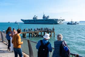 Royal Navy aircraft carrier HMS Queen Elizabeth leaves Portsmouth on May 8, 2026, bound for sea trials.