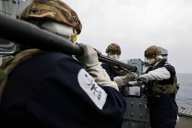 HMS Dragon conducting Gunnery serials at sea using the ships 30mm weaponry and Heavy Machine Guns as part of Fleet Operational Standards and training exercises.