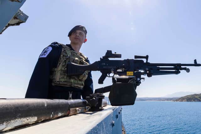 Member of the Warfare Department on the Bridge Wing during Specials, on board HMS Dragon, while she was operating off the coast of Crete.