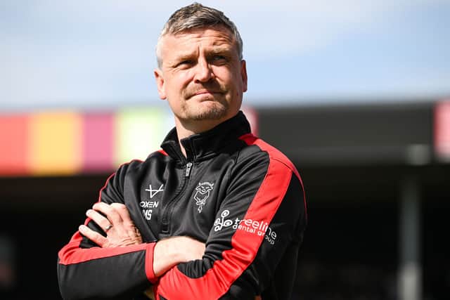 Head coach Michael Skubala of Lincoln City looks on during the Sky Bet League One match between Lincoln City and Wycombe Wanderers at LNER Stadium on April 25, 2026 in Lincoln, England. (Photo by Harriet Massey/Getty Images)