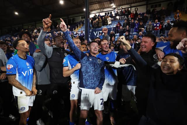 Stockport celebrate after their League One play-off semi-final vital over Stevenage. Picture: Alex Livesey/Getty Images
