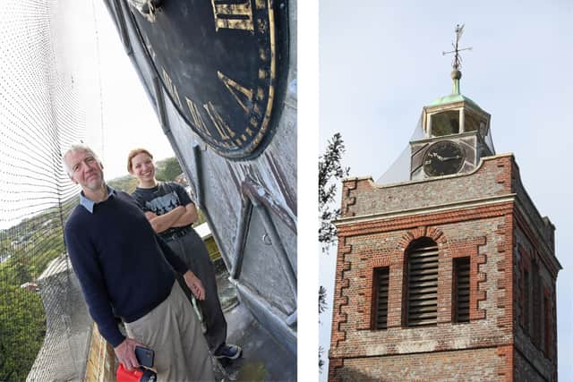 Horologist Symon Boyd with buildings project manager Holly Reynolds on the clock tower of St Peter and St Paul Church, Fareham