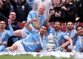 Manchester City celebrate their FA Cup final success over Chelsea on Saturday. Picture: Ryan Pierse/Getty Images