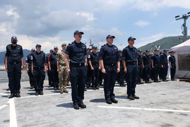 HMS Spey ship's company during their recent operations. They conducted various tasks after patrolling the South China Sea, defying warnings from Beijing.