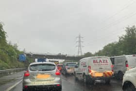 All lanes stopped and queueing traffic for two miles due to crash on M27 Eastbound from J11 A27 (Fareham / Gosport) to J12 A27 