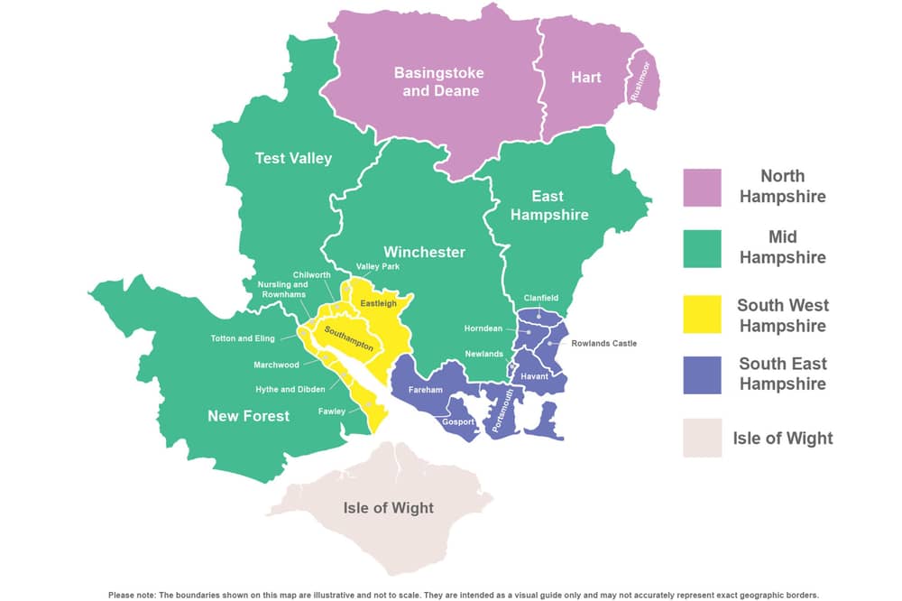 The new local government reorganisation map for Hampshire showing the councils under LGR