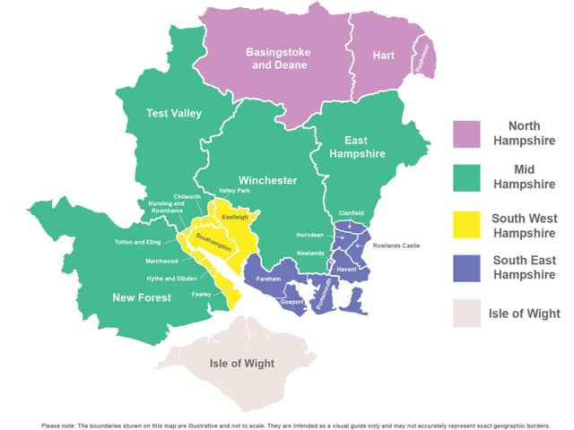 The new local government reorganisation map for Hampshire showing the councils under LGR