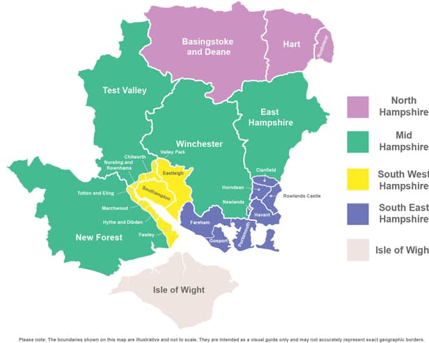 The new local government reorganisation map for Hampshire showing the councils under LGR