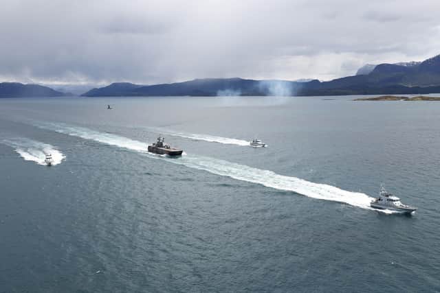 Wildcat HMA2s from 815 Naval Air Squadron conduct a photo exercise with P2000s and a Royal Norwegian Navy Skjold-class corvette, during Exercise Tamber Shield in Norway. New capabilities were used in the Royal Navy exercise.