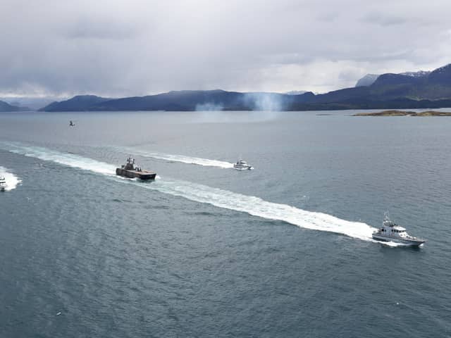 Wildcat HMA2s from 815 Naval Air Squadron conduct a photo exercise with P2000s and a Royal Norwegian Navy Skjold-class corvette, during Exercise Tamber Shield in Norway. New capabilities were used in the Royal Navy exercise.
