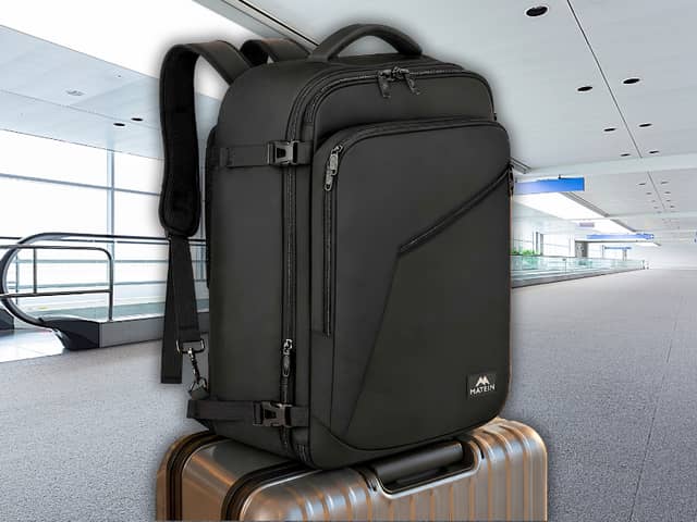 The MATEIN travel backpack includes expandable storage and multiple compartments designed for cabin travel.
