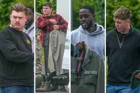 Four Royal Marines have been locked up after they pummelled a recruit when they saw him 'annoying' a woman at a bar. 