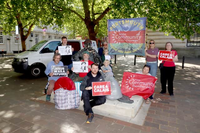Portsmouth delegation for Care4Calais will disembark to France loaded with donated items for refugees on Thursday, May 21, 2026 from Guildhall Walk, Portsmouth. Graham Noble and Alan Burgess with supporters and Cllr Cal Corkery with the donations before the send off