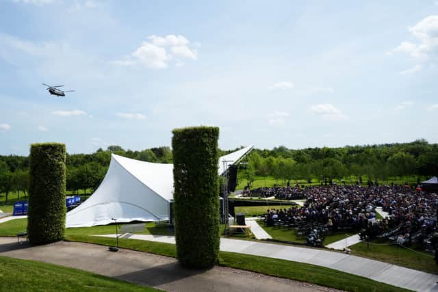 A Chinook helicopter flypast during a Service of Remembrance at the National Memorial Arboretum in Alrewas, Staffordshire, to mark 15 years since the Iraq War.