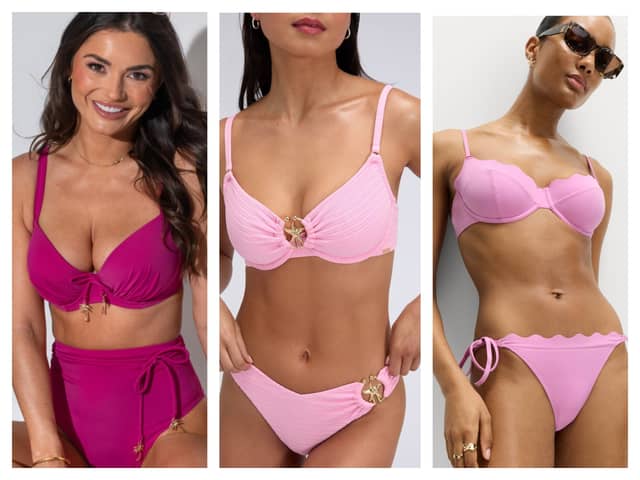 These are the three bikinis I have added to my summer holiday 2026 wardrobe  - left to right from Pour Moi, Boux Avenue and Marks and Spencer 