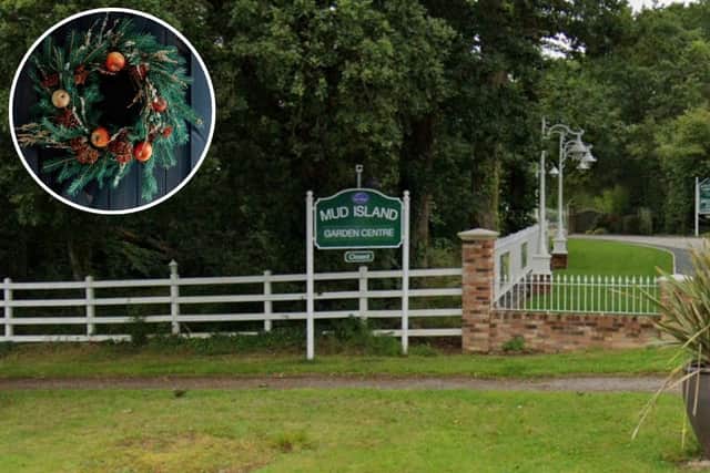 Mud Island Garden Centre in Southwick Road, North Boarhunt, and a wreath, inset.