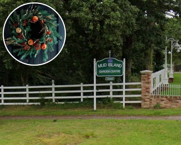 Mud Island Garden Centre in Southwick Road, North Boarhunt, and a wreath, inset.