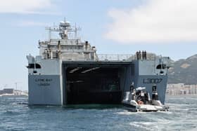 RNMB Ariadne about to embark on RFA Lyme Bay via the docking bay. Both capabilities are being prepared by the Royal Navy ahead of a potential multinational operation to keep the Strait of Hormuz open.