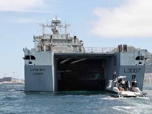 RNMB Ariadne about to embark on RFA Lyme Bay via the docking bay. Both capabilities are being prepared by the Royal Navy ahead of a potential multinational operation to keep the Strait of Hormuz open.