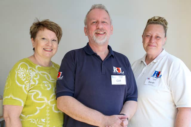 From L: Volunteer June Thomson, group facilitator Cliff Cropley and Admiral nurse Sarah Munday.