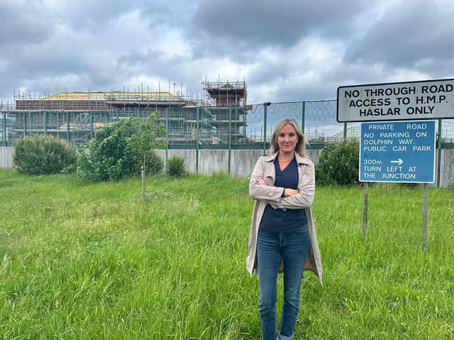 Dame Caroline Dinenage outside the Haslar Immigration Removal Centre
