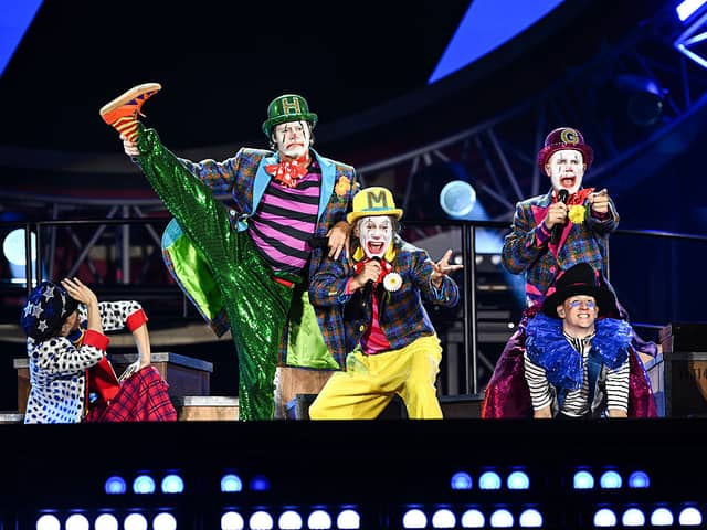 (L-R) Howard Donald, Mark Owen and Gary Barlow of Take That perform live on stage during the "The Circus Live" stadium tour at St Mary's Stadium on May 29, 2026 in Southampton, England. (Photo by Gareth Cattermole/Getty Images for Take That)