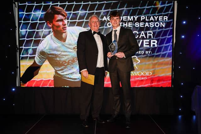 Oscar Glover, right, was named as Pompey' Academy Player of the Season in April. He has since been released. Picture: Jason Brown