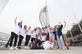 Portsmouth Centenary Charity Abseil at Spinnaker Tower, Portsmouth on Friday, May 29 
Pictured: Challengers representing different charities and CICs from Motiv8, Sparks Community Cafe, Pompey in the Community and Politely Rebellious CIC in front of Spinnaker Tower