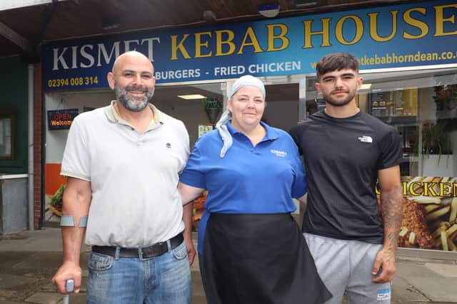 Sara Leigh with her husband, Cemil Tug, and son David Tug at Kismet Kebab, Horndean.