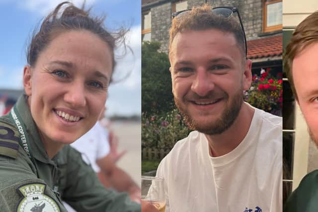 (left to right) Lieutenant Lily-Mae Fisher, 31, from Surrey, Petty Officer Owen Green, 24, from Hampshire, and Lieutenant Commander Chris Gayson, 42, from Somerset, the three members of the Royal Navy who died when their helicopter crashed in a field on Wednesday.