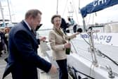 Princess Anne, Princess Royal prepares to pour Champagne on the Challenger 5 yacht with CEO Alastair Floyd during a visit to Tall Ships Youth Trust at Gunwharf Quays Marina on June 04, 2026 in Portsmouth, England. The Princess is a supporter of The Tall Ships Youth Trust the UK's oldest and largest youth development sail-training charity (Photo by Chris Jackson/Getty Images for Tall Ships Youth Trust)