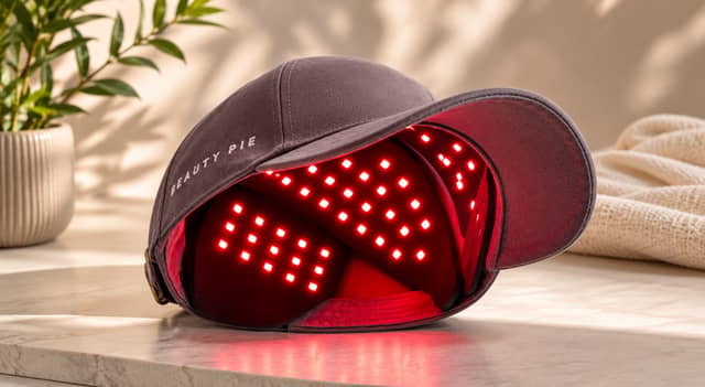 The Beauty Pie All Systems Grow H-Wave LED Hair & Scalp Treatment Cap uses 125 red LED lights designed to support healthier hair growth and reduce shedding through low-level light therapy