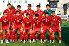Alfie Bridgman, front row far left featuring for Malta under-21s against Moldova.