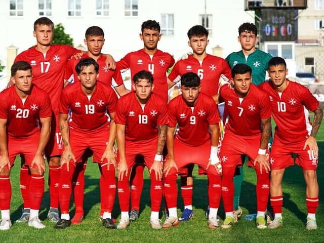 Alfie Bridgman, front row far left featuring for Malta under-21s against Moldova.