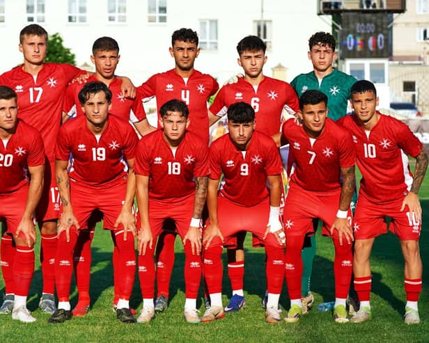Alfie Bridgman, front row far left featuring for Malta under-21s against Moldova.