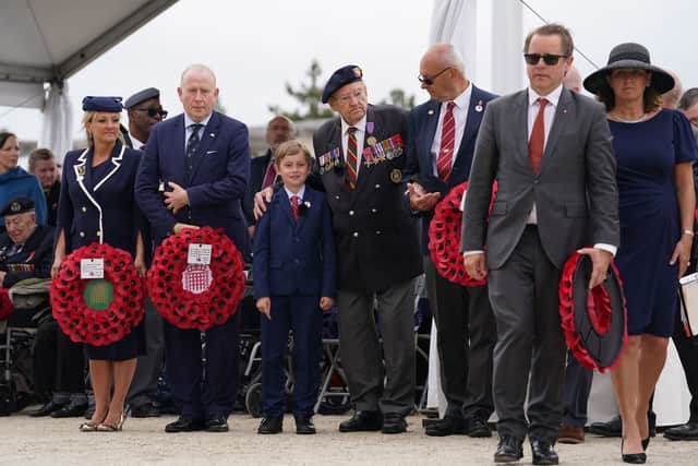 Wreaths laid at a ceremony at the British Normandy Memorial in Ver-sur-Mer, France, to mark the 82nd anniversary of the D-Day landings.
Amanda Martin is pictures to the far left.
Picture date: Saturday June 6, 2026. PA Photo. Photo credit should read: Gareth Fuller/PA Wire