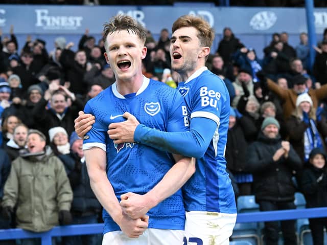 Terry Devlin, left, with Pompey team-mate Zak Swanson