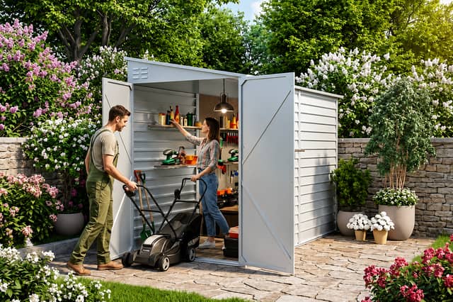 The steel garden shed combines lockable access, weather-resistant materials and generous storage space for outdoor essentials