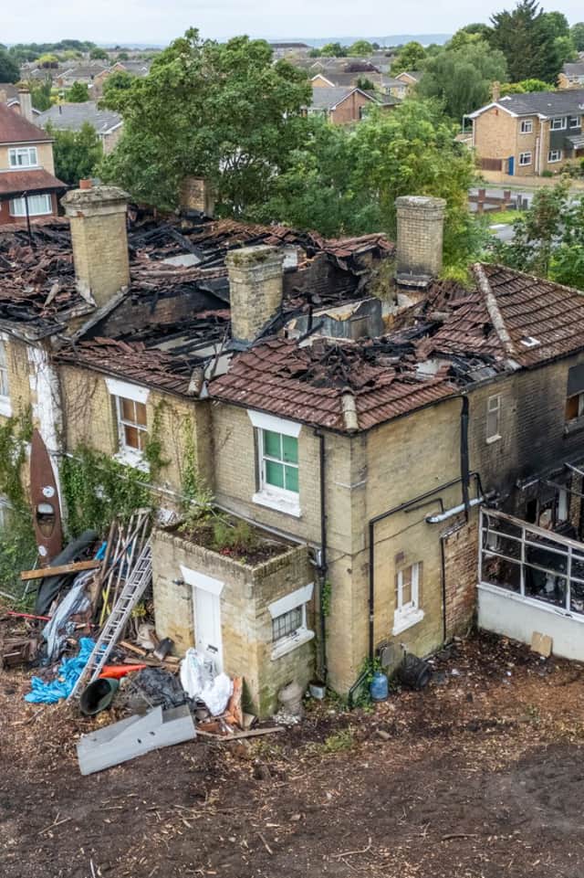 Fire has torn through an old property which was due to be dismantled and reclaimed on Privett Road in Gosport.Pictured - The property of Privett Place with fire damage
Photo by Alex Shute