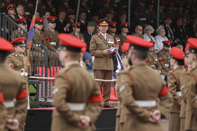 Lieutenant General Matthew Jones OBE speaking to the crowds at the centenary parade for the Corps of Military Police.